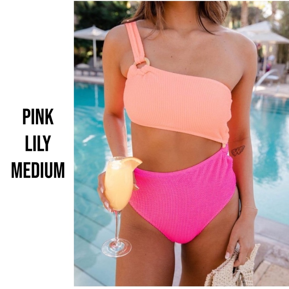 Pink Lily Sweet Day Dreams - Orange/Pink CutOut One-Shoulder 1 Piece  - Medium